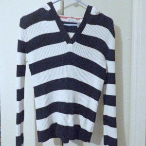Liz & Co Blue & White Striped Sweater, V-Neck, Hood w/red trim - M